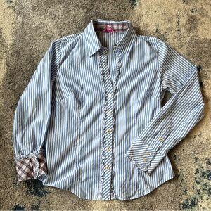 Lilly Pulitzer button front shirt blouse top blue white stripe ruffles